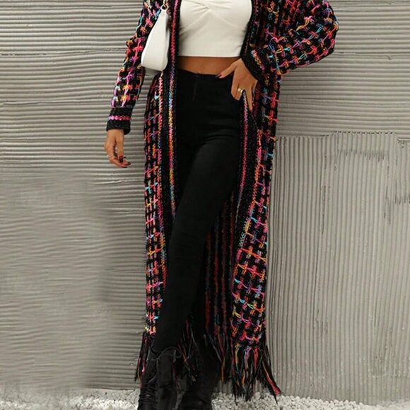 Multicolor Casual Women's Long Colorful Tasseled Knitted sweater Cardigan - Picture 3 of 5
